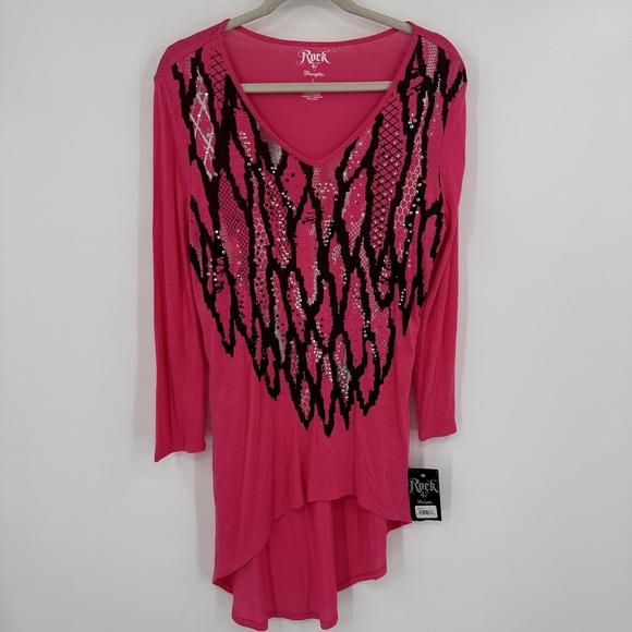 Rock 47 by Wrangler Shirt Womens Large Pink Sequin V Neck Tunic High Low - Picture 1 of 9